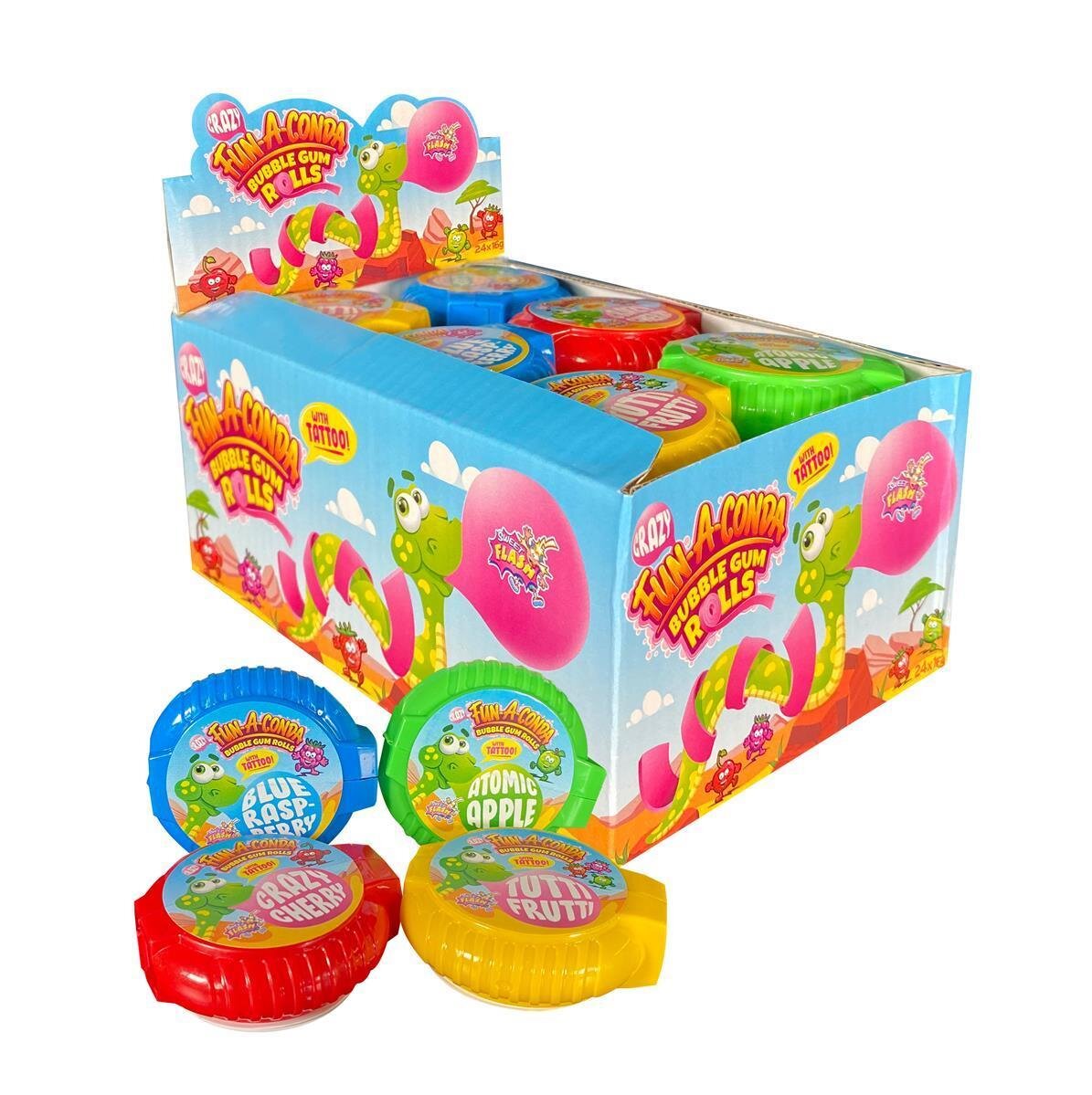 Sweet Flash Crazy Fun-a-Conda avec rouleau de chewing-gum tatouage (framboise, fruit, pomme, cerise) 24 pièces