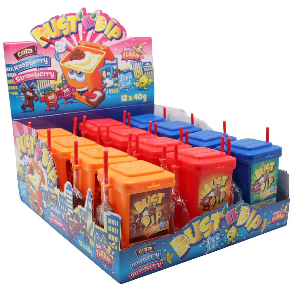 Sweet Flash Dust ´n Dip Lollytonne 2 Lollies mit saurem Pulver zum Dippen 12 Stück