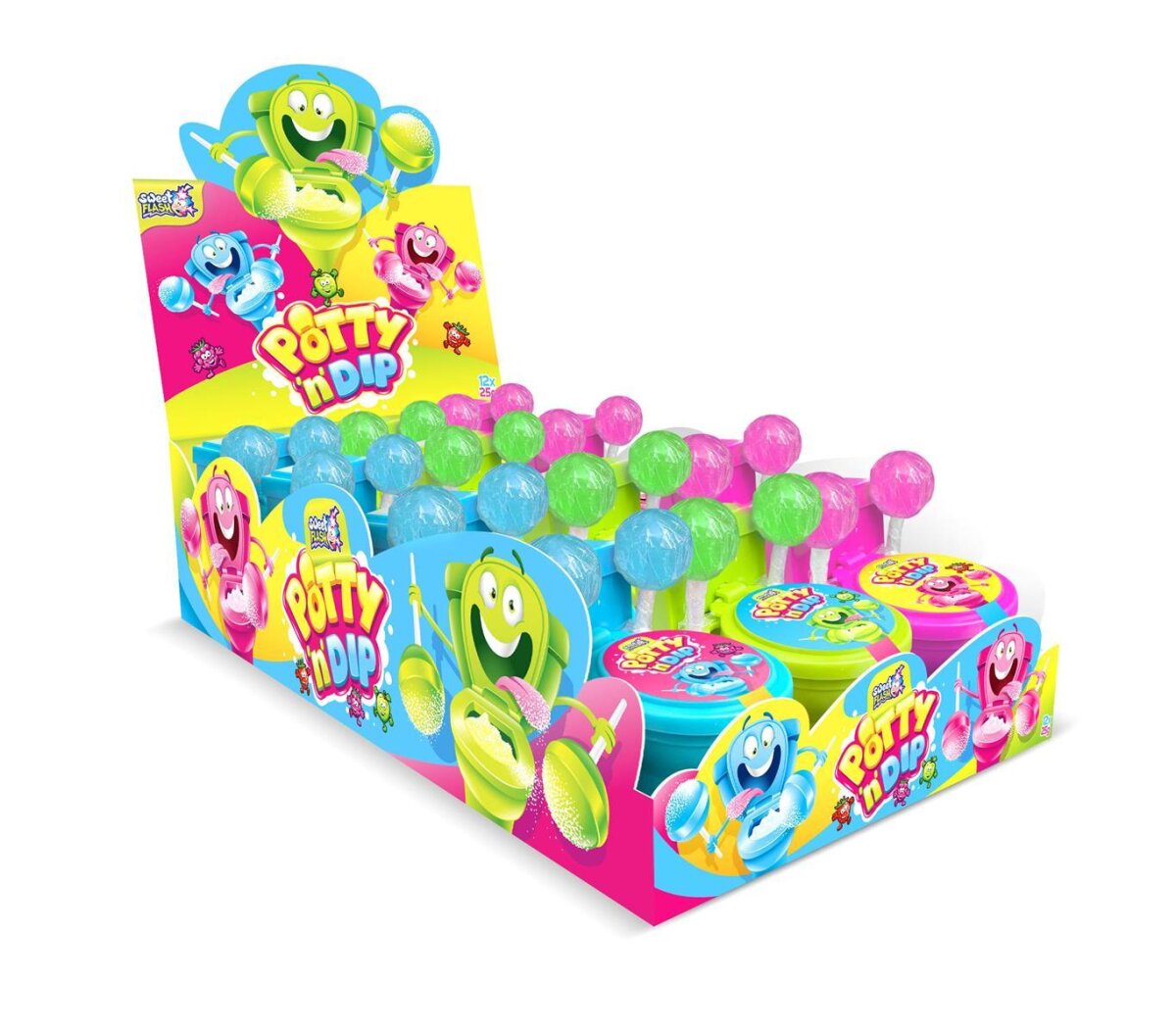 Sweet Flash POTTY STAR 12 Stück Plastiktoilette 2 Lutscher mit Dip Zitronenpulver Neues Design