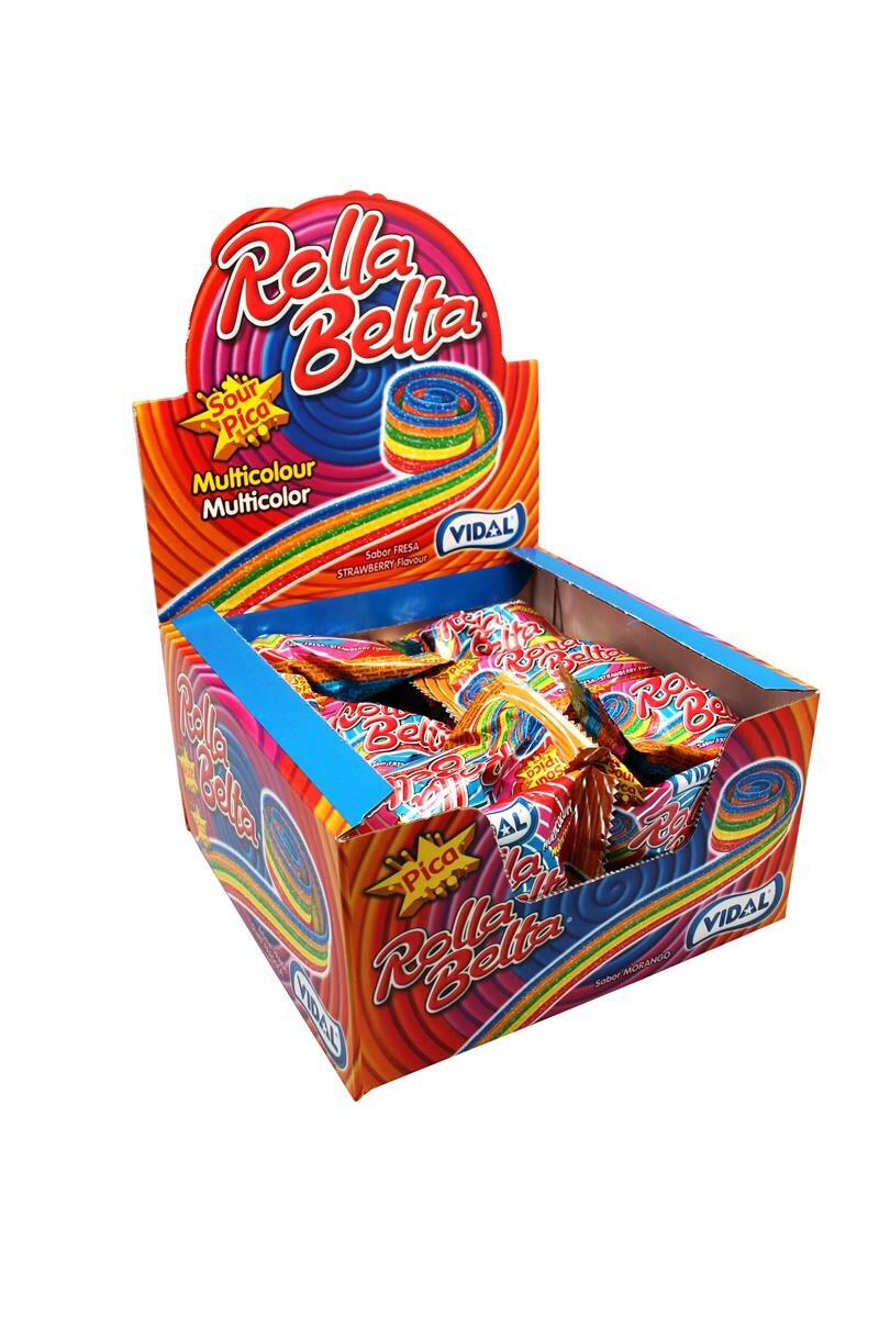 Vidal Rolla Belta Multicolore Sour, rouleau de gomme aux fruits multicolore saveur fraise 24 pièces